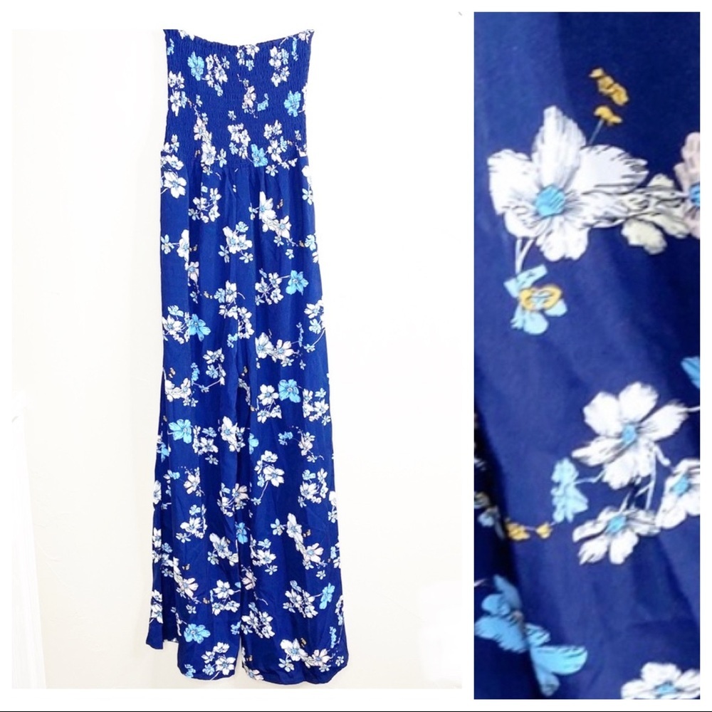 Needlework strapless floral smocked pant jumpsuit